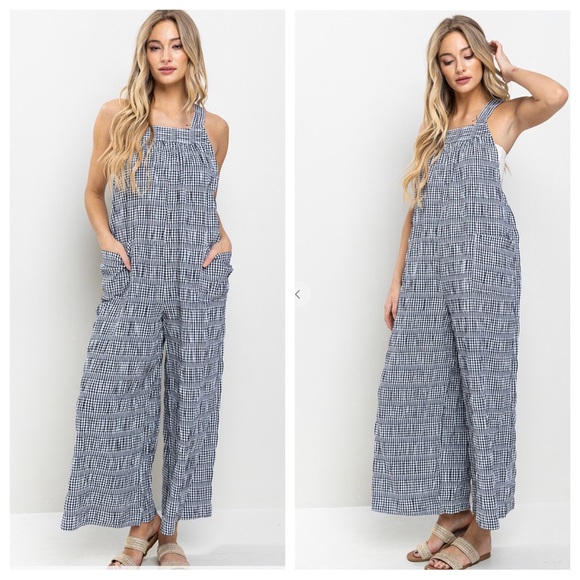 15 Boho Loose fit Plaid Wide-Leg Jumpsuit Side Pockets and adjustable straps - Picture 3 of 4